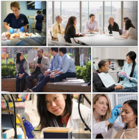 A collage of images involving medical education, biomedical research and clinical care
